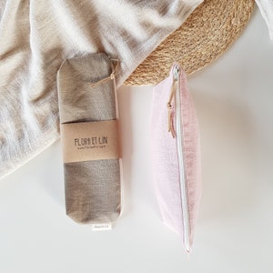Linen travel bag with waterproof organic lining. Cute wet bag. Toothbrush case. Linen pencil pouch. Cosmetic Makeup brush bag. Eco friendly