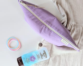 XL cotton canvas zipper pouch with organic waterproof lining. Big makeup bag/Storage bag/travel toiletry bag. Accessory Beach sunscreen bag