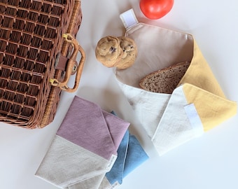 Linen sandwich wrap. Eco friendly products for lunch boxes. Natural reusable sandwich bags. Food safe wrapper. Waterproof zero waste kit gift.