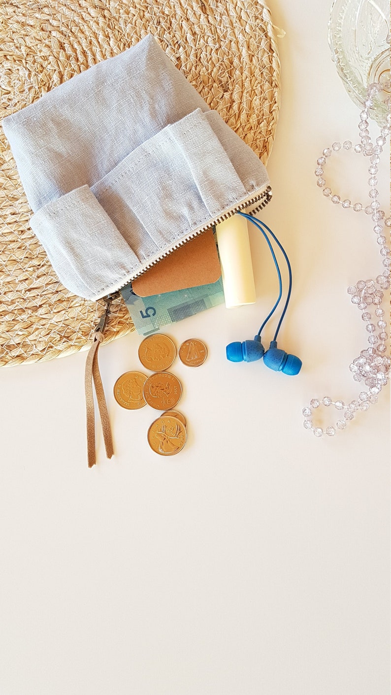 Handmade small ruffle linen pouch. Mini zip coin purse. Headphone credit card holder. Minimalist wallet pouch. Aesthetic small storage bag. Morning Frost