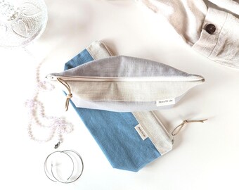 Eco-friendly Linen Cosmetic Pouch, Waterproof Travel Bag, Zippered Makeup Brush Holder, Cute Beach Wetbag, Minimalist Gift, Blue Baby pouch