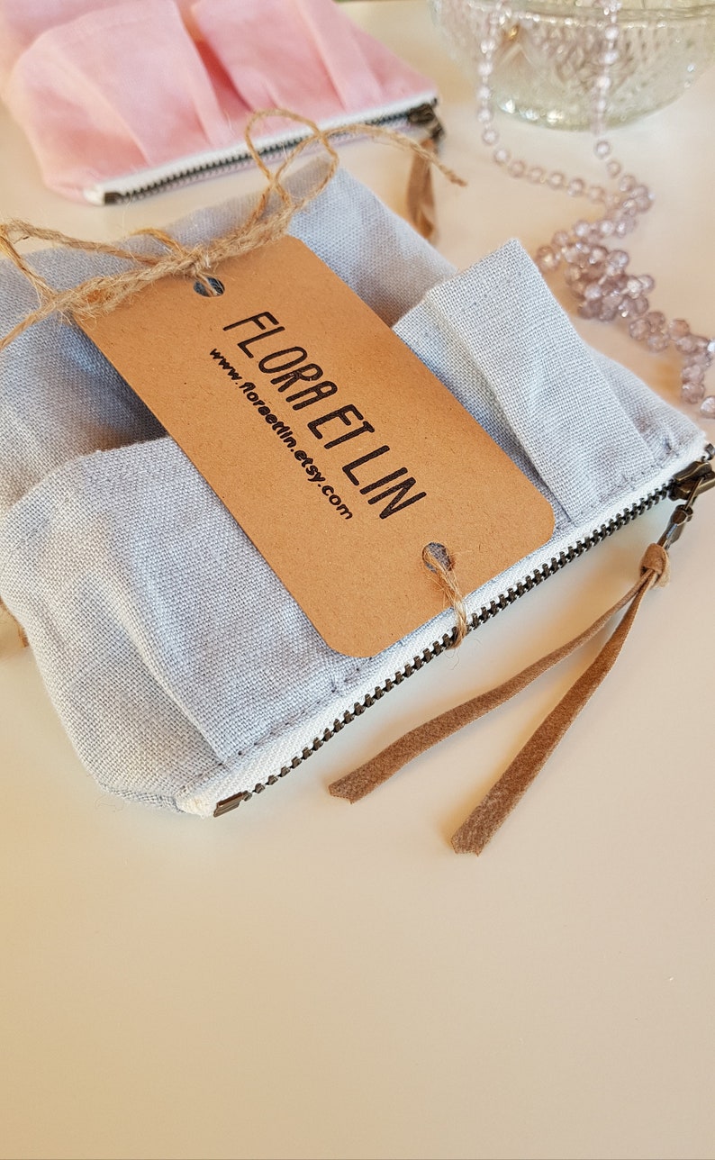 Handmade small ruffle linen pouch. Mini zip coin purse. Headphone credit card holder. Minimalist wallet pouch. Aesthetic small storage bag. image 10