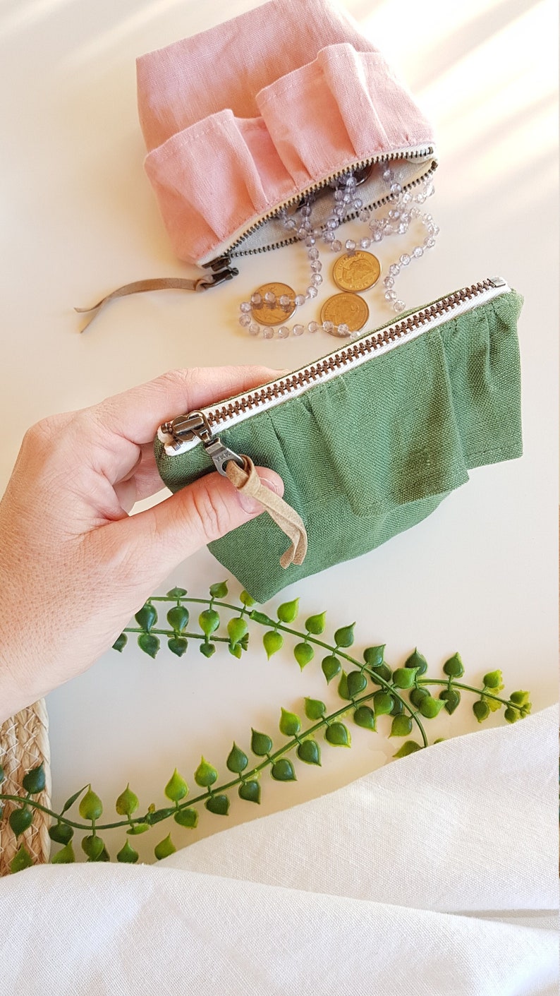 Handmade small ruffle linen pouch. Mini zip coin purse. Headphone credit card holder. Minimalist wallet pouch. Aesthetic small storage bag. Army green