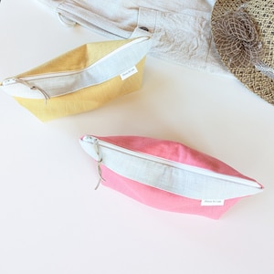 Cute linen zipper cosmetic pouch. Waterproof travel bag. Zippered travel toiletery pouch. Makeup brush bag. Beach wetbag ecofriendly product