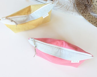 Cute linen zipper cosmetic pouch. Waterproof travel bag. Zippered travel toiletry pouch. Makeup brush bag. Beach wetbag ecofriendly product