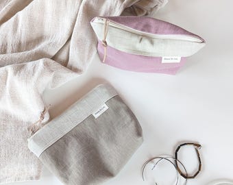 Small linen zipper pouch for accessories/toiletry. Minimalist Waterproof Travel bag/purse organization/makeup gift. Wet bag for cloth pads.
