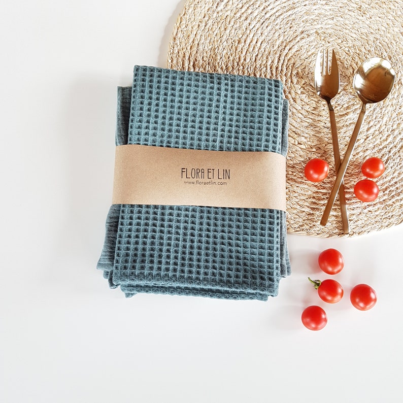 kitchen towels set. Waffle weave and soft crinkle thin gauze tea towels. Cute quick drying natural cotton hanging hand towel. Dish towel set image 7