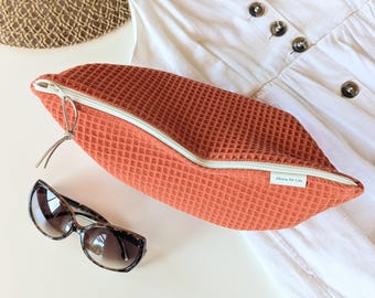 XL cotton waffle zipper pouch with organic waterproof lining. Big makeup bag/ Waterproof travel toiletry bag. Accessory Beach sunscreen bag.