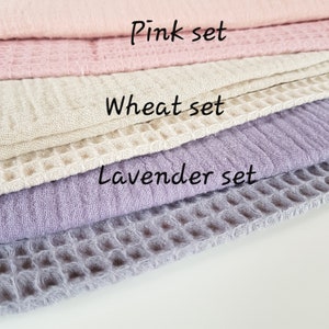 kitchen towels set. Waffle weave and soft crinkle thin gauze tea towels. Cute quick drying natural cotton hanging hand towel. Dish towel set image 6