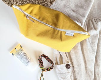 XL cotton canvas zipper pouch with organic waterproof lining. Big makeup bag/ Waterproof travel toiletry bag. Accessory Beach sunscreen bag.