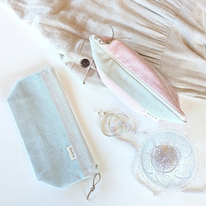 Cute linen zipper cosmetic pouch. Waterproof travel bag. Zippered travel toiletery pouch. Makeup brush bag. Beach wetbag ecofriendly product