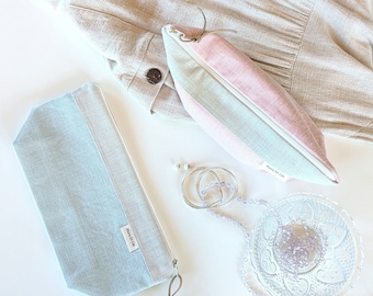 Cute linen zipper cosmetic pouch. Waterproof travel bag. Zippered travel toiletry pouch. Makeup brush bag. Beach wetbag ecofriendly product