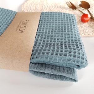 kitchen towels set. Waffle weave and soft crinkle thin gauze tea towels. Cute quick drying natural cotton hanging hand towel. Dish towel set Emerald green set