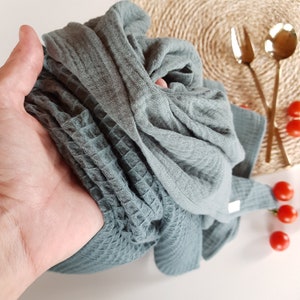 kitchen towels set. Waffle weave and soft crinkle thin gauze tea towels. Cute quick drying natural cotton hanging hand towel. Dish towel set image 4