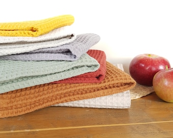 Waffle cotton towel set of 3. Natural tea towel/ Colorful hanging hand towel. Soft kitchen towels with loop. Mix and match housewarming gift