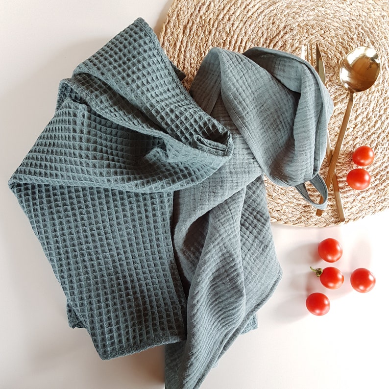 kitchen towels set. Waffle weave and soft crinkle thin gauze tea towels. Cute quick drying natural cotton hanging hand towel. Dish towel set image 1