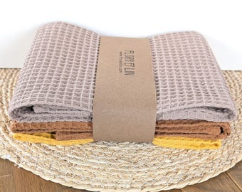 Kitchen towel set/ 3 cotton waffle towel/ Hanging hand towel/ Soft tea towel with loop/ Colorful Dish towels. Housewarming hostess/chef gift
