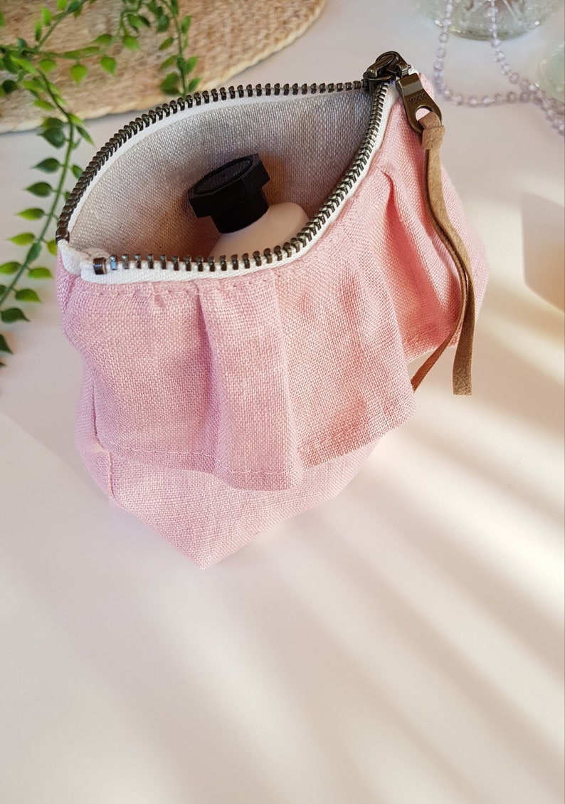 Handmade small ruffle linen pouch. Mini zip coin purse. Headphone credit card holder. Minimalist wallet pouch. Aesthetic small storage bag. image 3