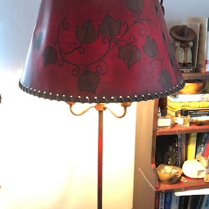 Monterey Furniture iron floor lamp with original parchment shade RED circa 1930s