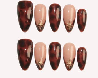 Hand Painted Tortoise Shell Press On Nails, Reusable Nail Art