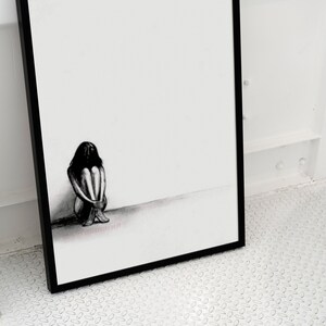 Lonely Woman Art Print, Minimal Sad Girl Art, Naked Lonely Girl Drawing