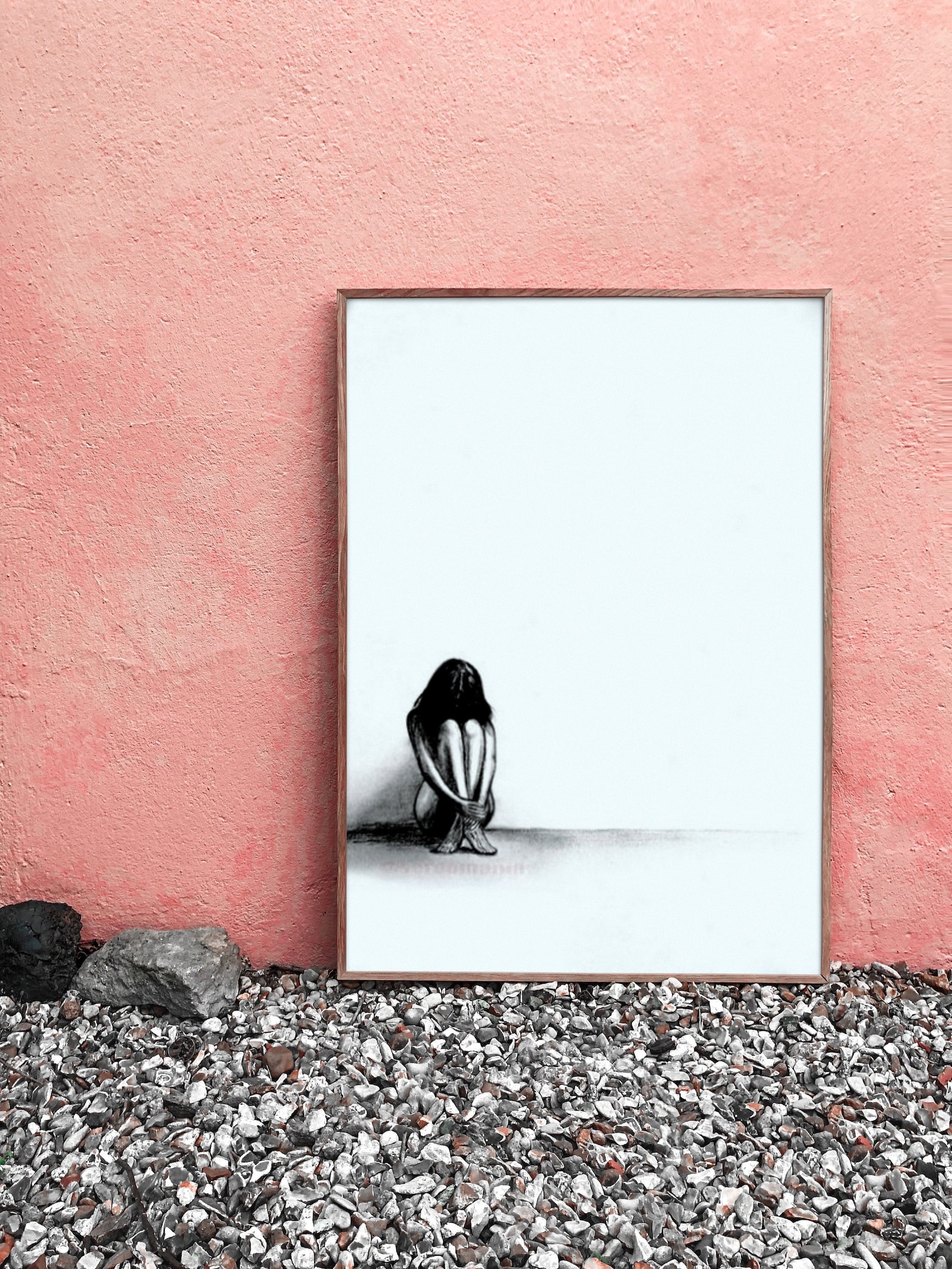Lonely Woman Art Print, Minimal Sad Girl Art, Naked Lonely Girl Drawing