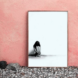 Lonely Woman Art Print, Minimal Sad Girl Art, Naked Lonely Girl Drawing