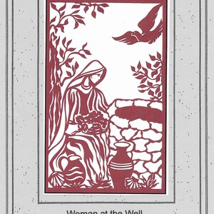 Woman at the Well Cutwork Wall Hanging Pattern, paper pattern for cutwork wall hangings, woman receiving the Living Water, Mary Magdalene