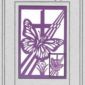 May include: A purple butterfly cutwork wall hanging pattern with the title "Set Free I #269 24" x 36" © 2010 Sarah Brogdon".