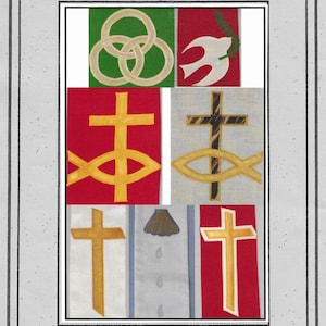 May include: A set of six embroidered symbols for a liturgical stole. The symbols include a dove, a cross, a fish, a trinity knot, a cross with a fish, and a cross with a seashell. The symbols are on a red, green, white, and blue background. The text "Fashions by Sarah" is at the top of the image. The text "Small Symbols Collection I #407 ©2004" is at the bottom of the image.