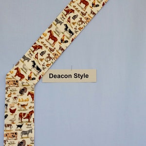 Pet Blessings D47 deacon clergy stole features all sorts of farm animals. This stole is made of fine cotton and a sewn closure.