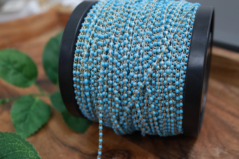 18k Shiny Gold Plated Chain Blue Beaded Chains Beaded Bracelet Chain Beaded Charms Beaded Chain Wholesale for Jewelry Making