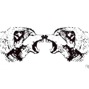 Puede incluir: Ilustración en blanco y negro de dos lobos enfrentados, gruñendo con la boca abierta. La obra es un diseño gráfico de estilo minimalista, sobre un fondo blanco. La firma del artista, "FRANK", está en la esquina inferior derecha.