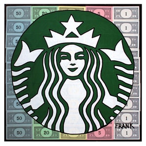 Starbucks the Siren Logo over Monopoly Money