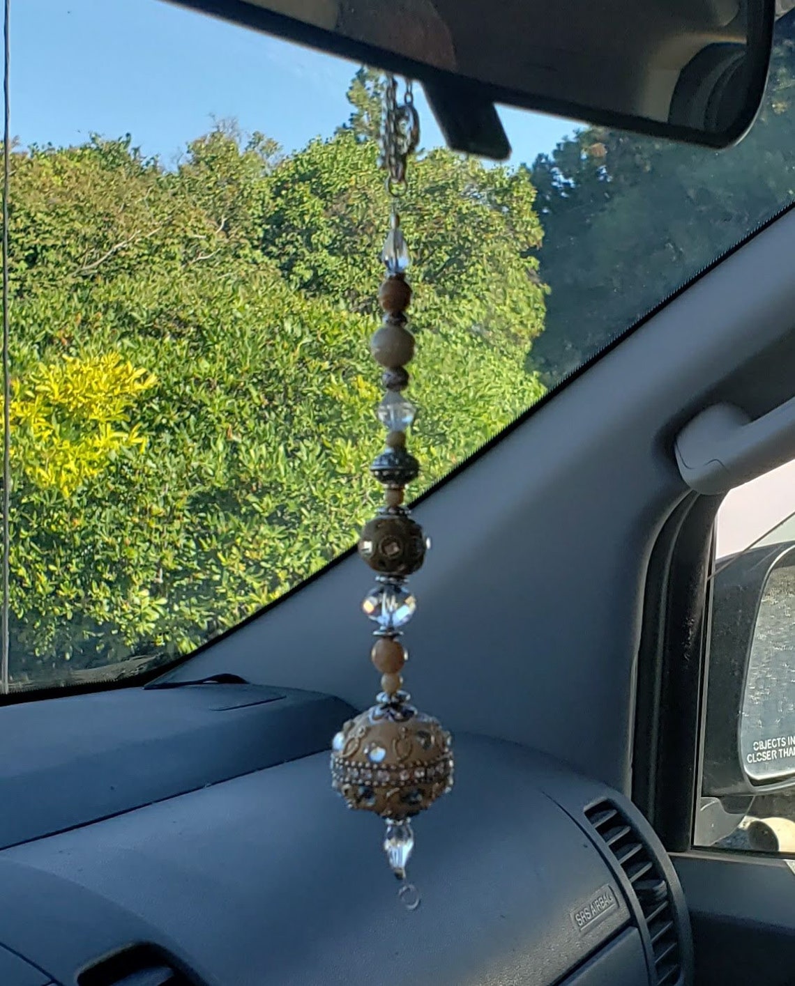 Glass Beaded Car Rear View Mirror Charm Tan and Clear Etsy