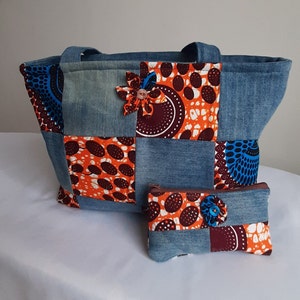 Tote Handbag, Ankara Tote Handbag, Patchwork bag, African Tote Handbag, Ankara Patchwork Bag, African print Light blue Denim