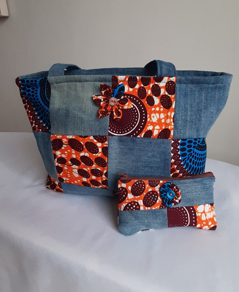 Tote Handbag, Ankara Tote Handbag, Patchwork bag, African Tote Handbag, Ankara Patchwork Bag, African print Light blue Denim