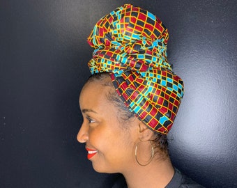 Involucro per testa Ankara a scacchi multicolore // Copricapo in tessuto africano // Sciarpa africana // Copricapo in tessuto // Copricapo// Cravatta