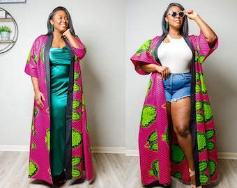 Short Sleeve Oversized Ankara Print Kimono || Pink and Neon Green