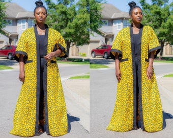 Yellow Oversized Ankara Print Kimono || Long Yellow and Black  Kimono - Plus Size Inclusive