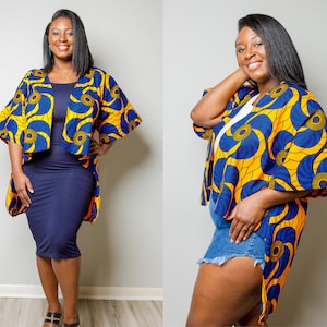 May include: A yellow and blue patterned kimono-style cardigan with a high-low hemline. The cardigan has a relaxed fit and features a wide, flowing sleeve.