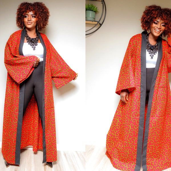 Red Oversized Ankara Print Kimono || Long Red and Black  Kimono - Plus Size Inclusive