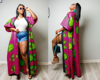 Plus Size Oversize Pink & Green Ankara  Kimono