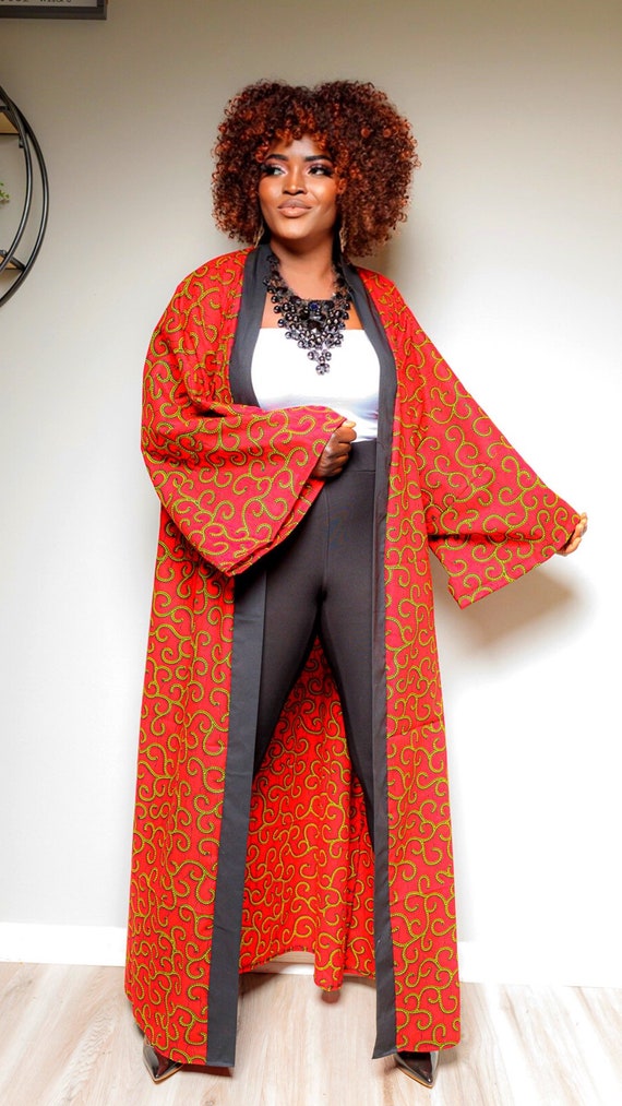 Over-sized Red Ankara Print Kimono || Long Red and Black Kimono