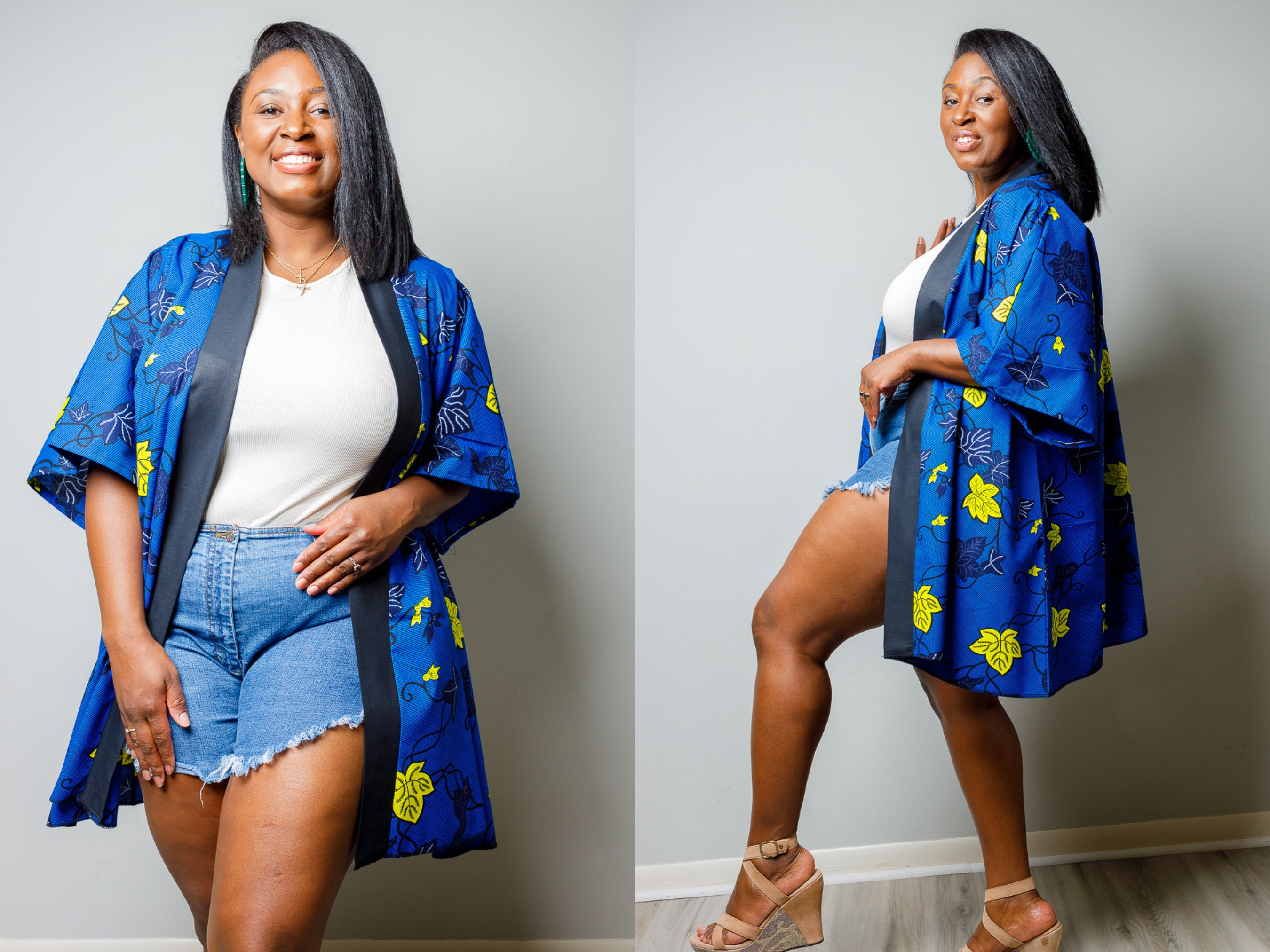Oversize Blue & Neon Yellow  Ankara Kimono || Plus size Cover Up Up 5X
