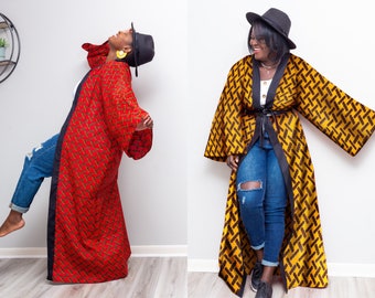 Oversized Ankara Print Kimono || Long Red and Black  Kimono - Eta Design