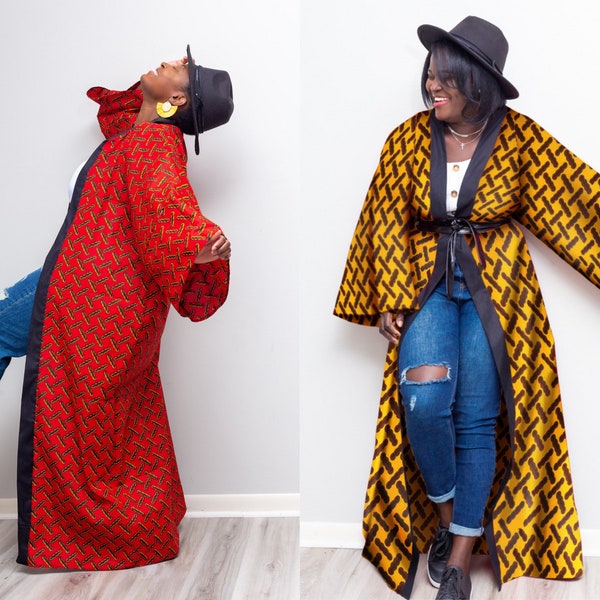 Oversized Ankara Print Kimono || Long Red and Black  Kimono - Eta Design