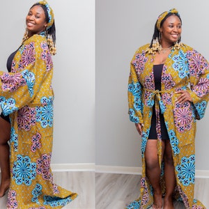 Oversized Ankara Kimono Duster || Plus Size African Print Kimono with Headband