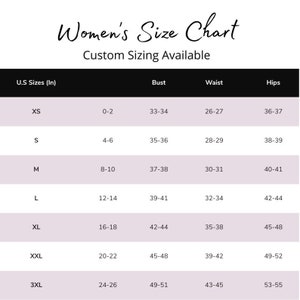 May include: Women's size chart with US sizes, bust, waist, and hip measurements in inches. The chart shows sizes XS through 3XL with corresponding measurements for each size.