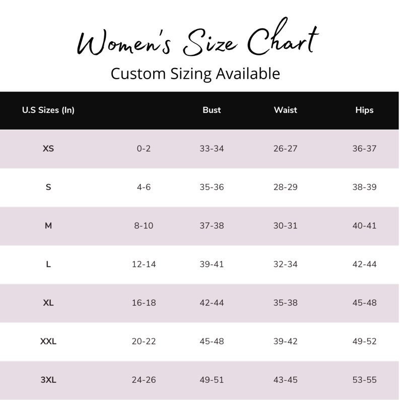 May include: Women's size chart with US sizes, bust, waist, and hip measurements in inches. The chart shows sizes XS through 3XL with corresponding measurements for each size.